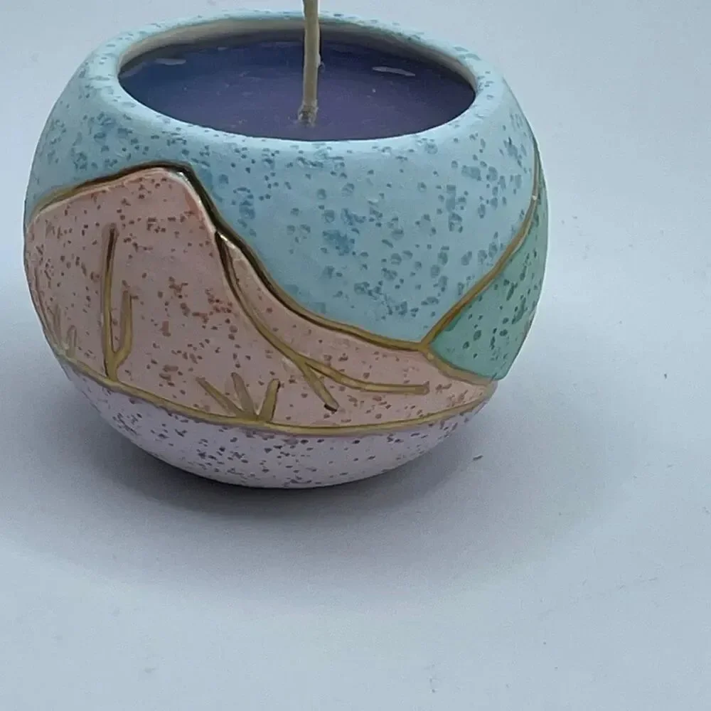 Handcrafted ceramic candle Southwestern landscape theme 22K gold accents